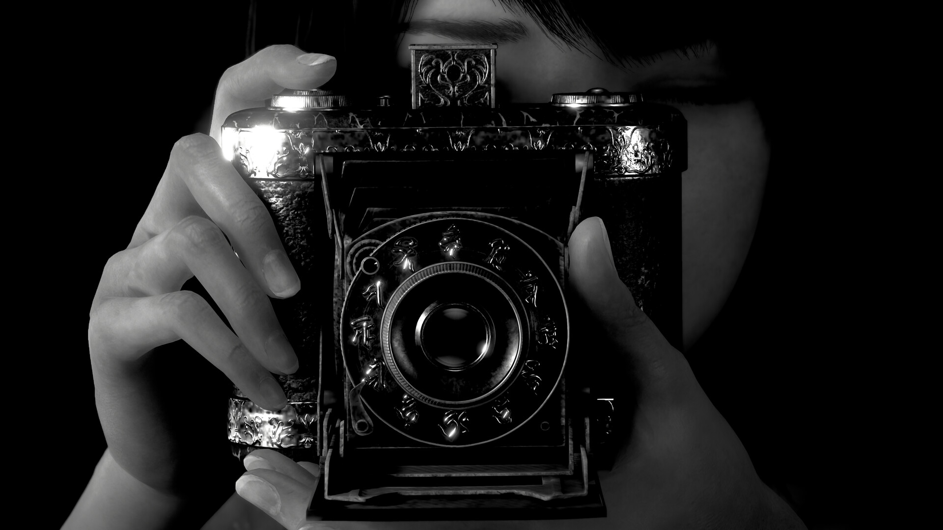 A Fatal Frame 2: Crimson Butterfly Remake screenshot showing the protagonist aiming the Camera Obscura at the viewer.