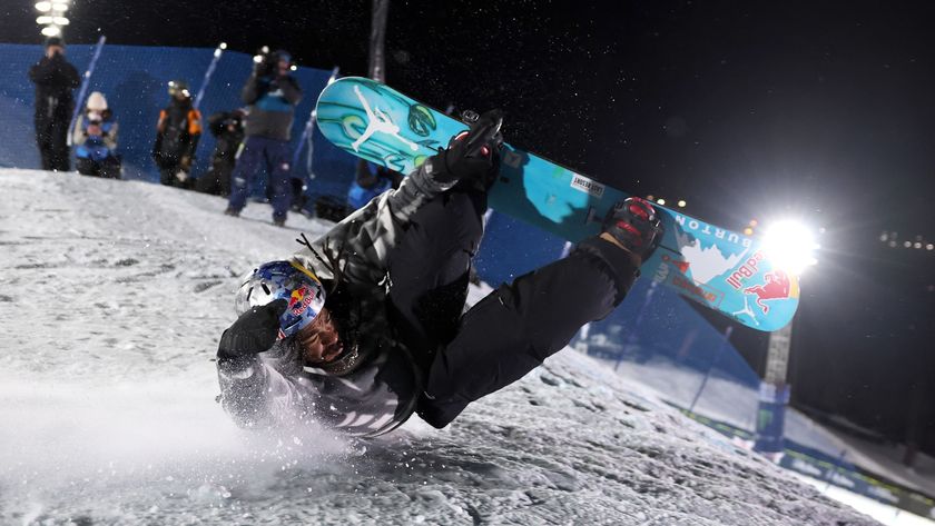 Zeb Powell competing in the Men's Snowboard Knuckle Huck at the X Games at Buttermilk Ski Resort in Aspen, Colorado