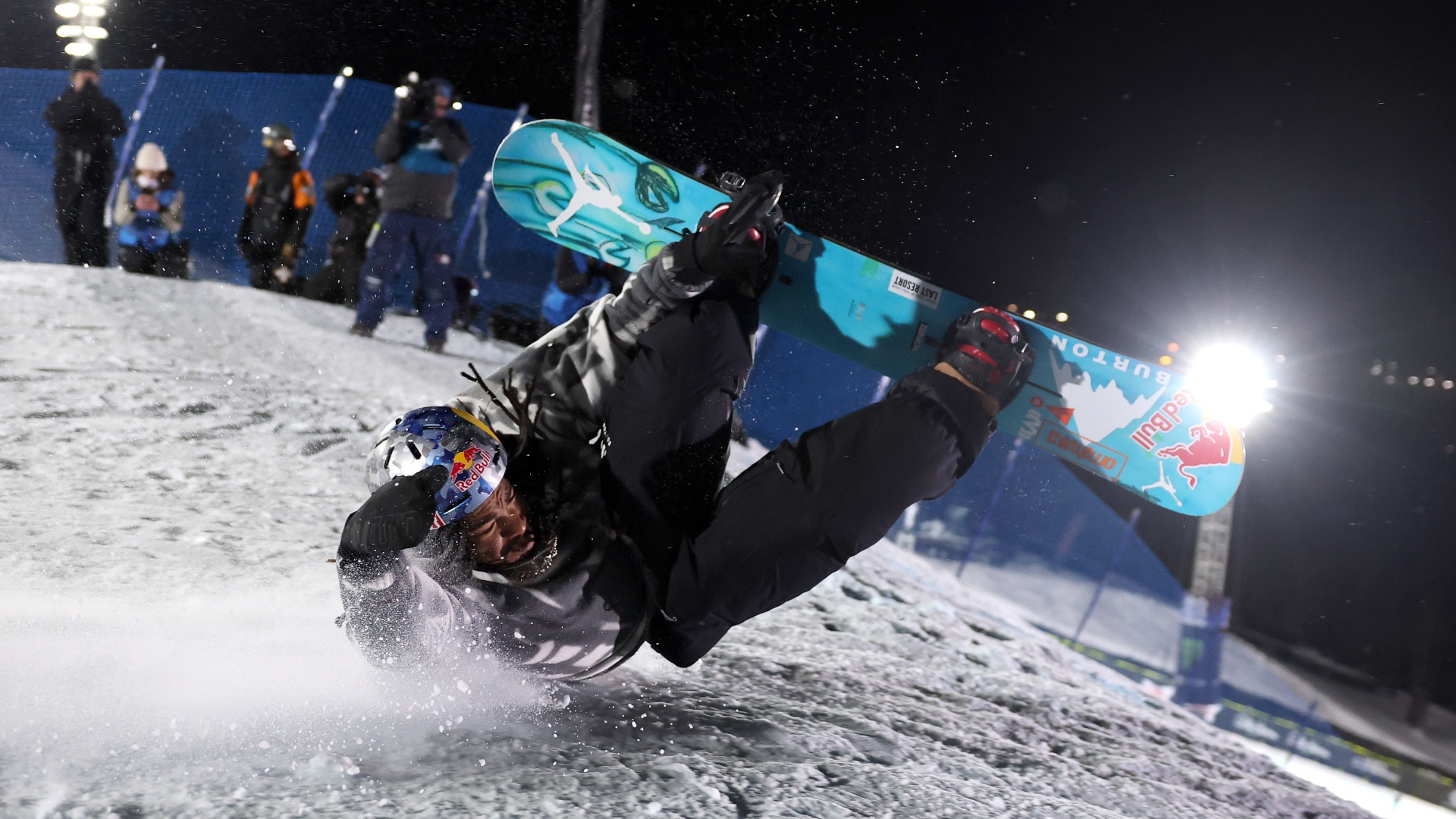Zeb Powell competing in the Men's Snowboard Knuckle Huck at the X Games at Buttermilk Ski Resort in Aspen, Colorado