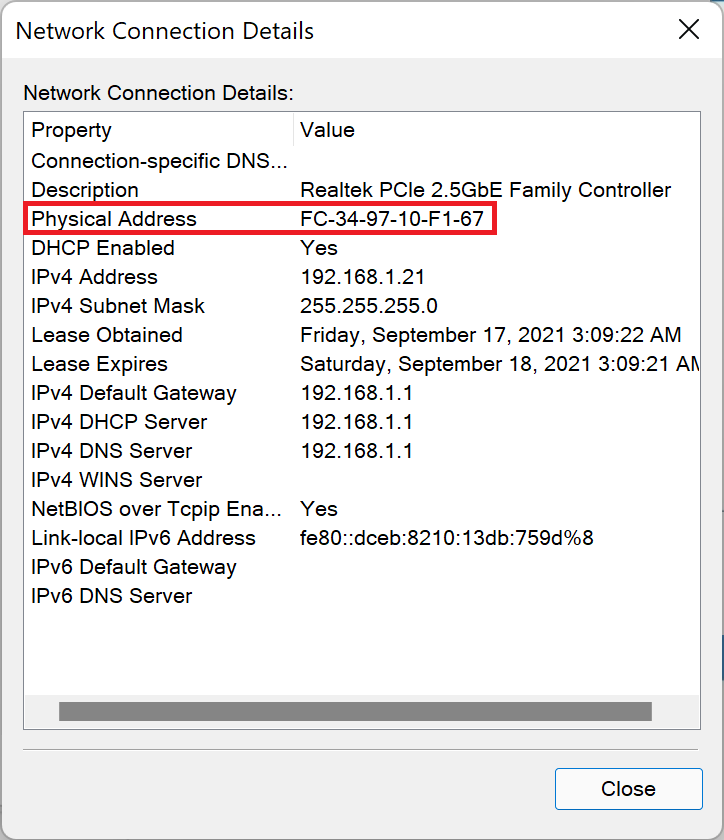 MAC Address in Windows 11