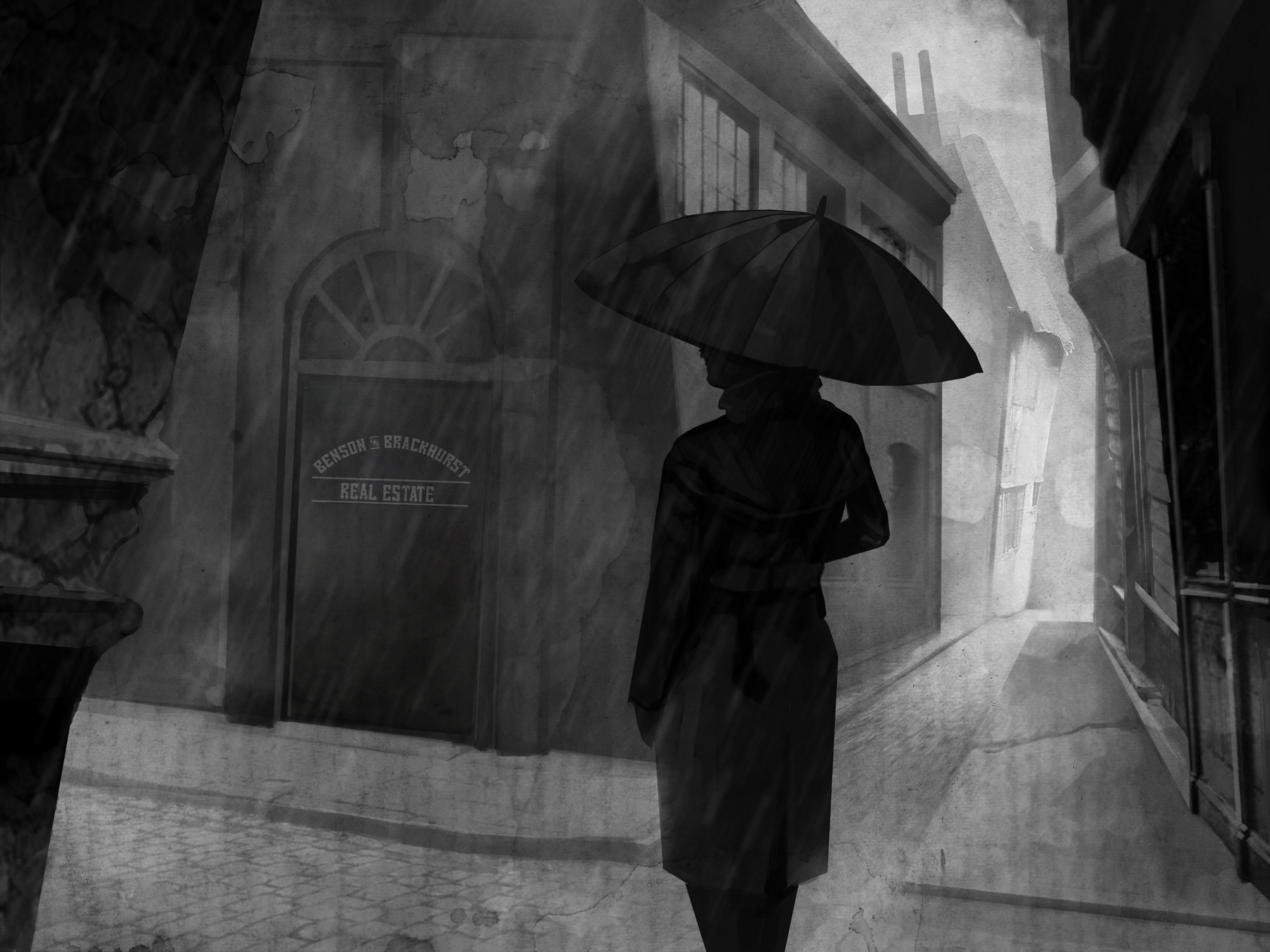 A figure stands beneath an umbrella in a rainy street