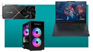 The HP Omen 35L gaming PC, Lenovo Legion Pro gaming laptop, and Nvidia RTX 5090 Graphics card on a blue background