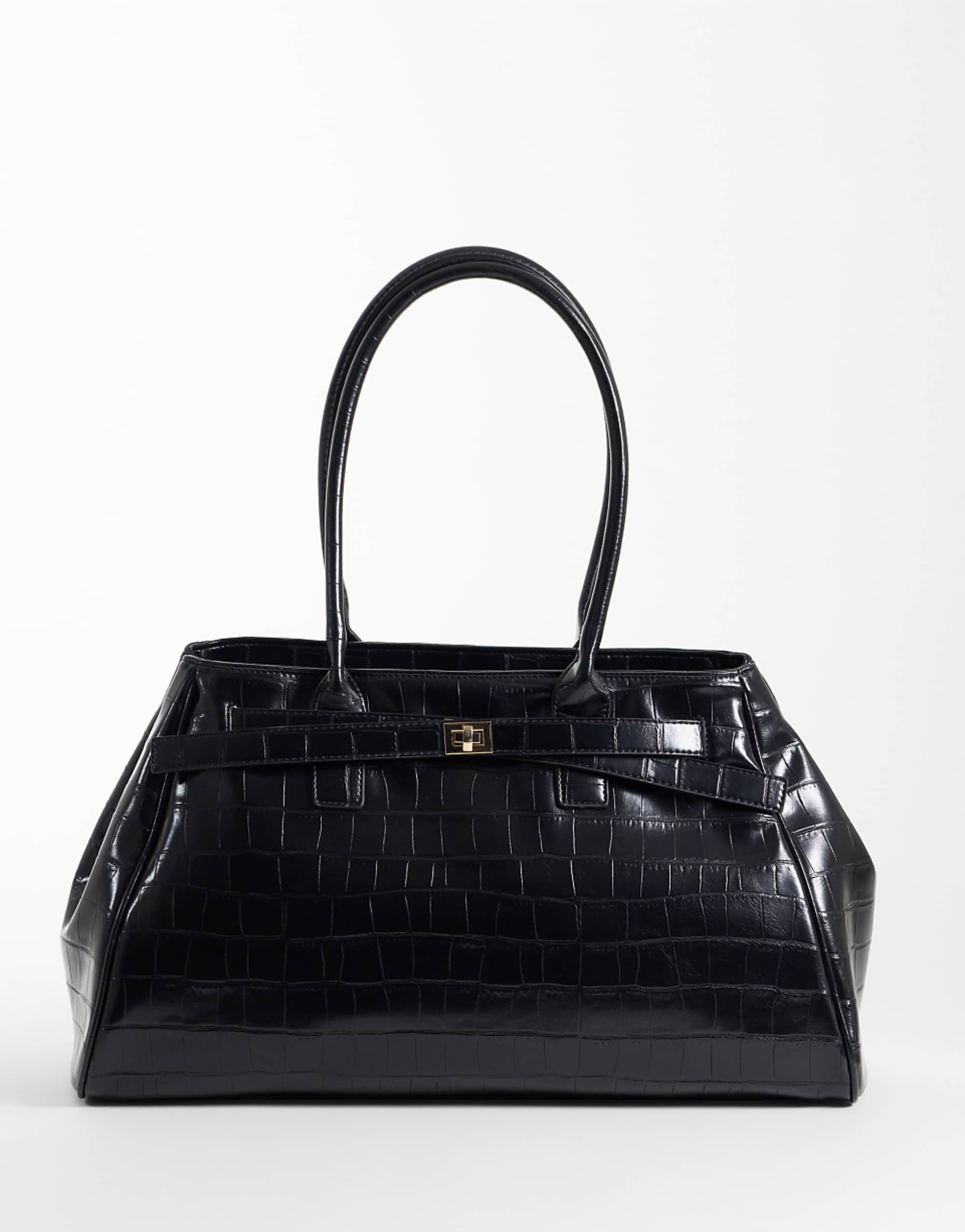 Asos Design Structured Tote Bag in Croc With Buckle Belt Detail in Black