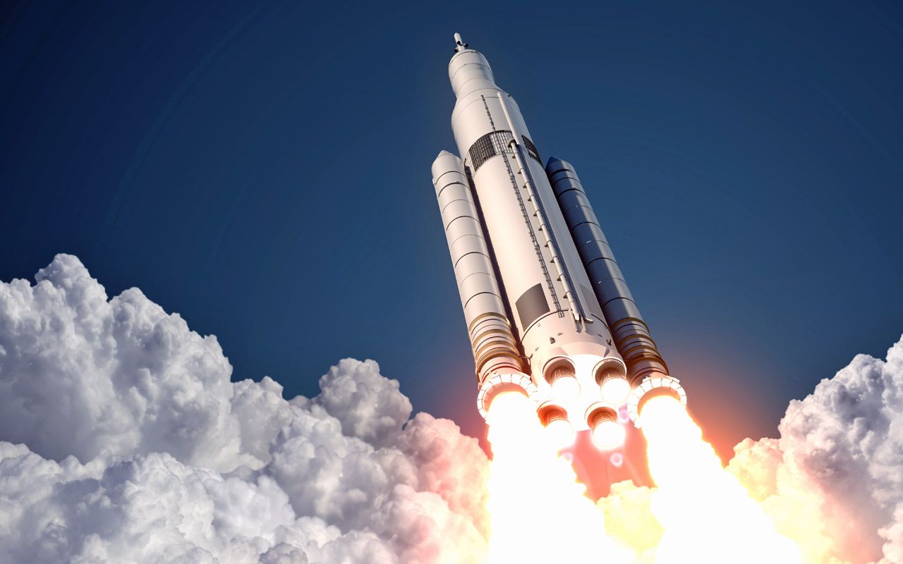 Space Launch System Takes Off. 3D Scene.