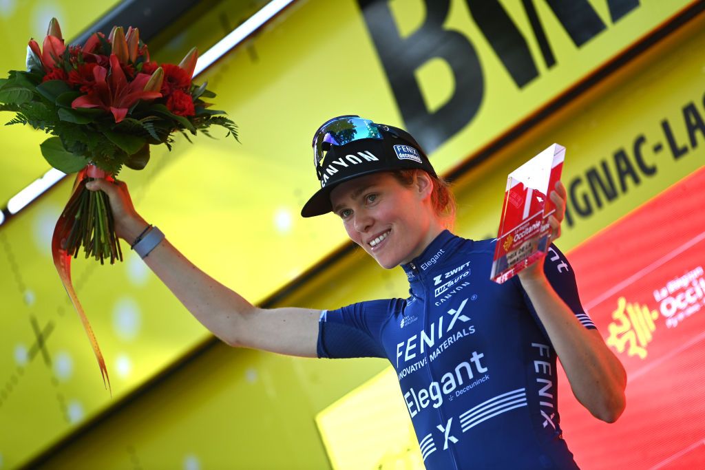 MONTIGNACLASCAUX FRANCE JULY 25 Julie Van De Velde of Belgium and Team FenixDeceuninck celebrates at podium as most combative prize winner during the 2nd Tour de France Femmes 2023 Stage 3 a 1472km stage from CollongeslaRouge to MontignacLascaux UCIWWT on July 25 2023 in MontignacLascaux France Photo by Tim de WaeleGetty Images