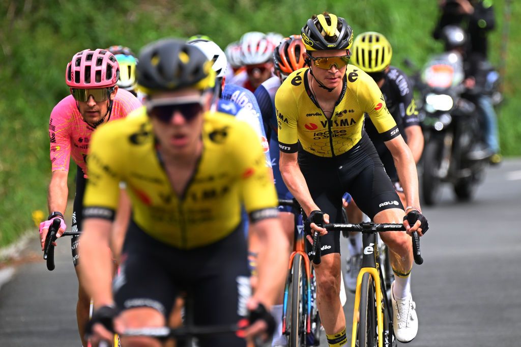 EIBAR SPAIN APRIL 06 LR James Shaw of The United Kingdom and Team EF Education EasyPost and Sepp Kuss of The United States and Team Visma Lease a Bike compete in the breakaway during the 63rd Itzulia Basque Country 2024 Stage 6 a 1378km stage from Eibar to Eibar UCIWT on April 06 2024 in Eibar Spain Photo by Tim de WaeleGetty Images