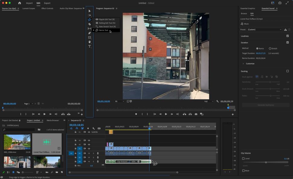 Cuplikan layar remixing di Adobe Premiere Pro