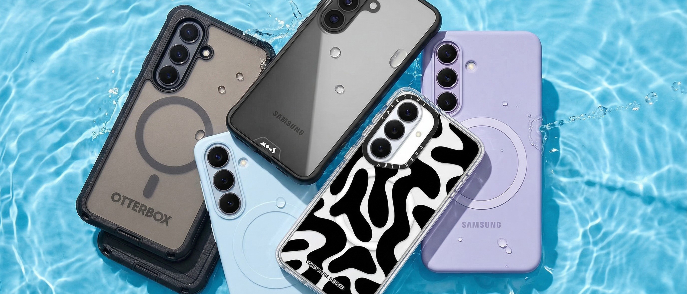Phone cases for the Samsung Galaxy S26 floating on some water