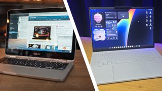 Split image with a Chromebook on the left and a new Googlebook on the right