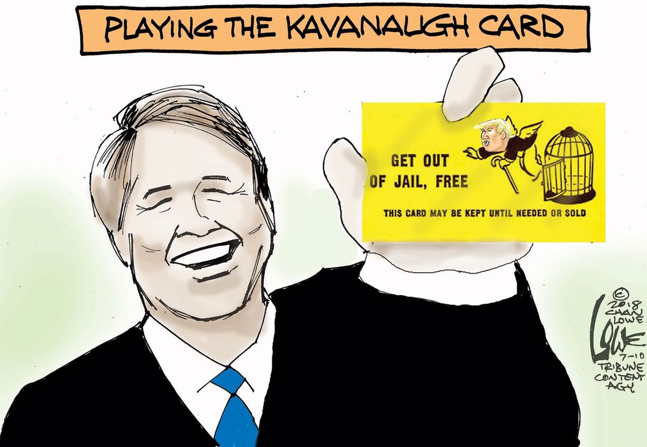 Political cartoon U.S. Brett Kavanaugh get out of jail free card Trump Russia investigation SCOTUS