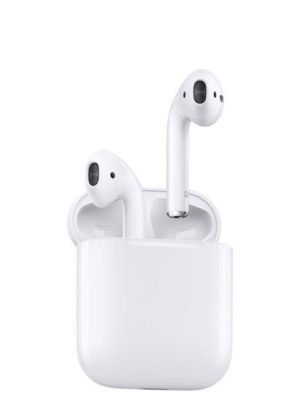 AirPods with charging case on a white background