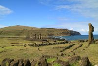 A view of an island with ancient sculptures.