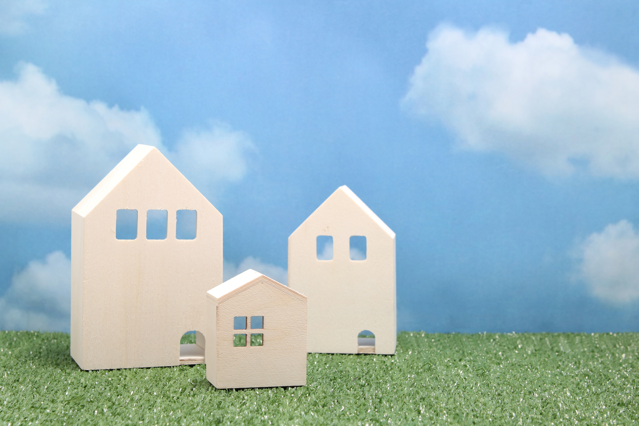 Wooden houses on green grass over blue sky and clouds