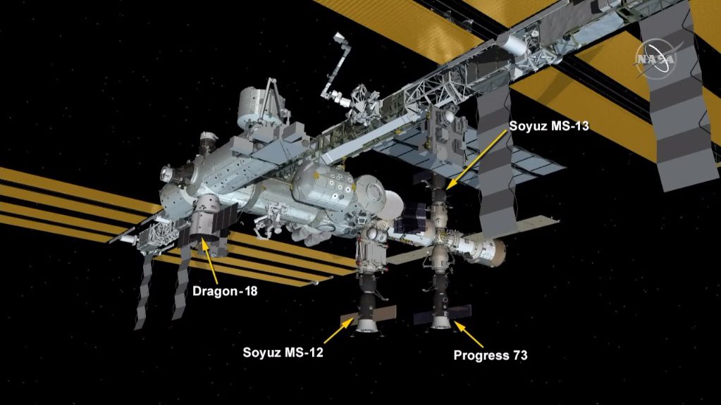 This after graphic shows the final location of Soyuz MS-13 after its relocation to the Poisk module of the International Space Station on Aug. 25, 2019.