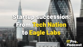 The words ‘Startup succession: From Tech Nation to Eagle Labs’ with ‘Tech Nation’ and ‘Eagle Labs’ in yellow and the rest in white against a blurry London skyline