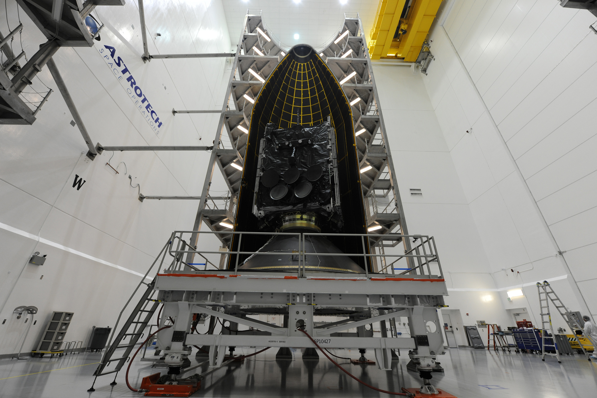 The Wideband Global SATCOM 9 communications satellite for the U.S. military is encapsulated in the payload fairing of a United Launch Alliance Delta IV rocket ahead of planned March 18, 2017 launch from Cape Canaveral Air Force Station in Florida.