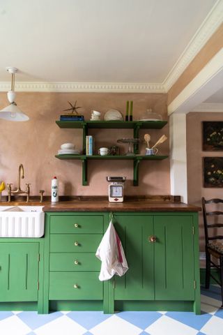 Green kitchen with blue and white checkerboard floor by Plain English