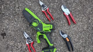 A group photo of our top-rated pruners, including Felco, Wolf-Garten, Fiskars and Greenworks products