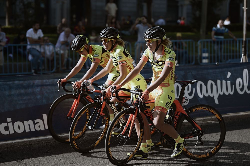 Cyclists compete in the inaugural Madrid Challenge by La Vuelta.