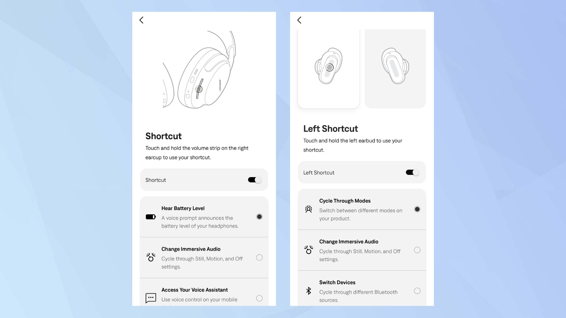 Bose app shortcut settings