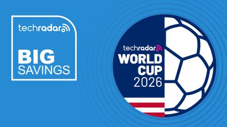 A badge reading 'Big Savings' next to a football with the words TechRadar World Cup 2026 inside