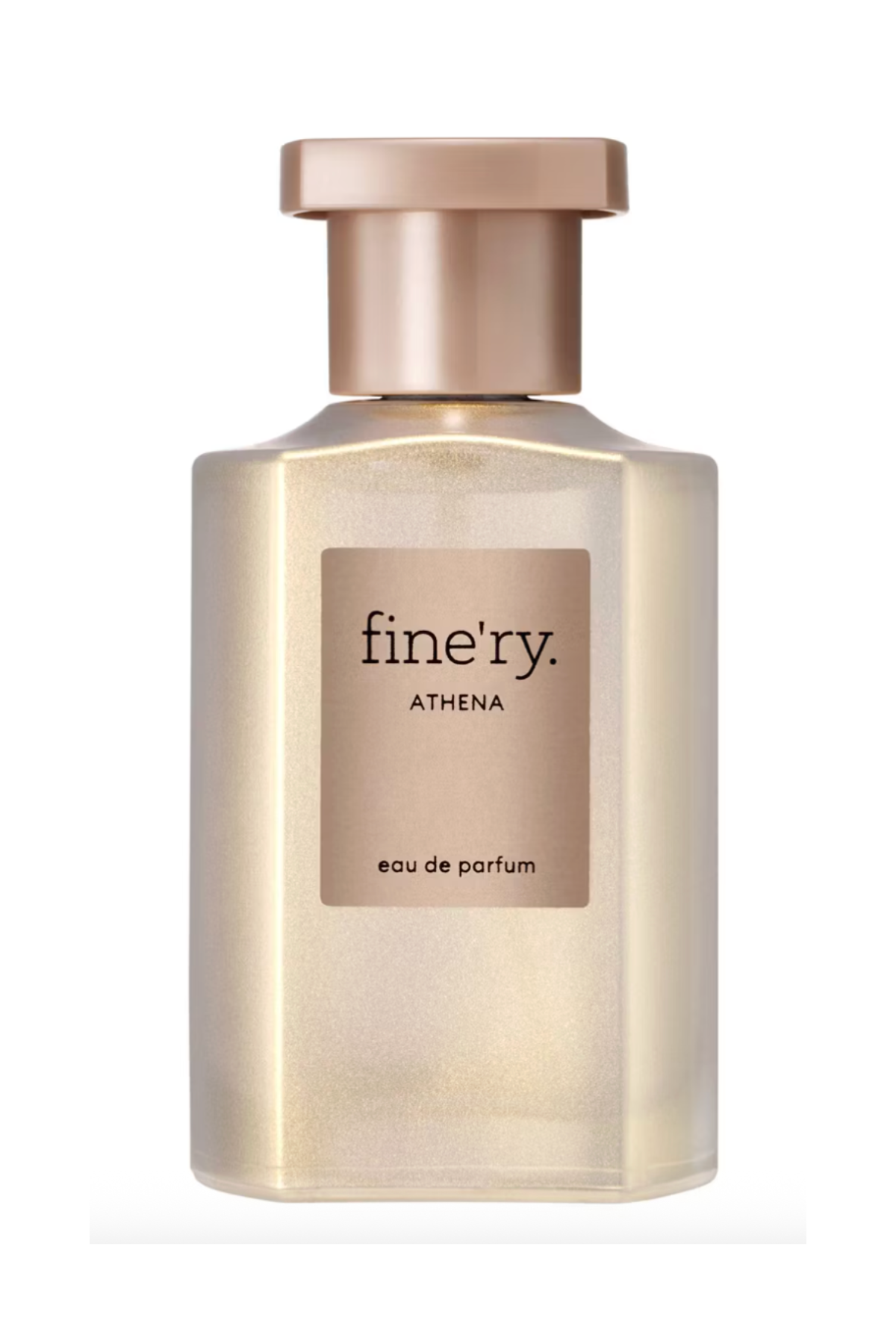 a light brown perfume bottle with black text