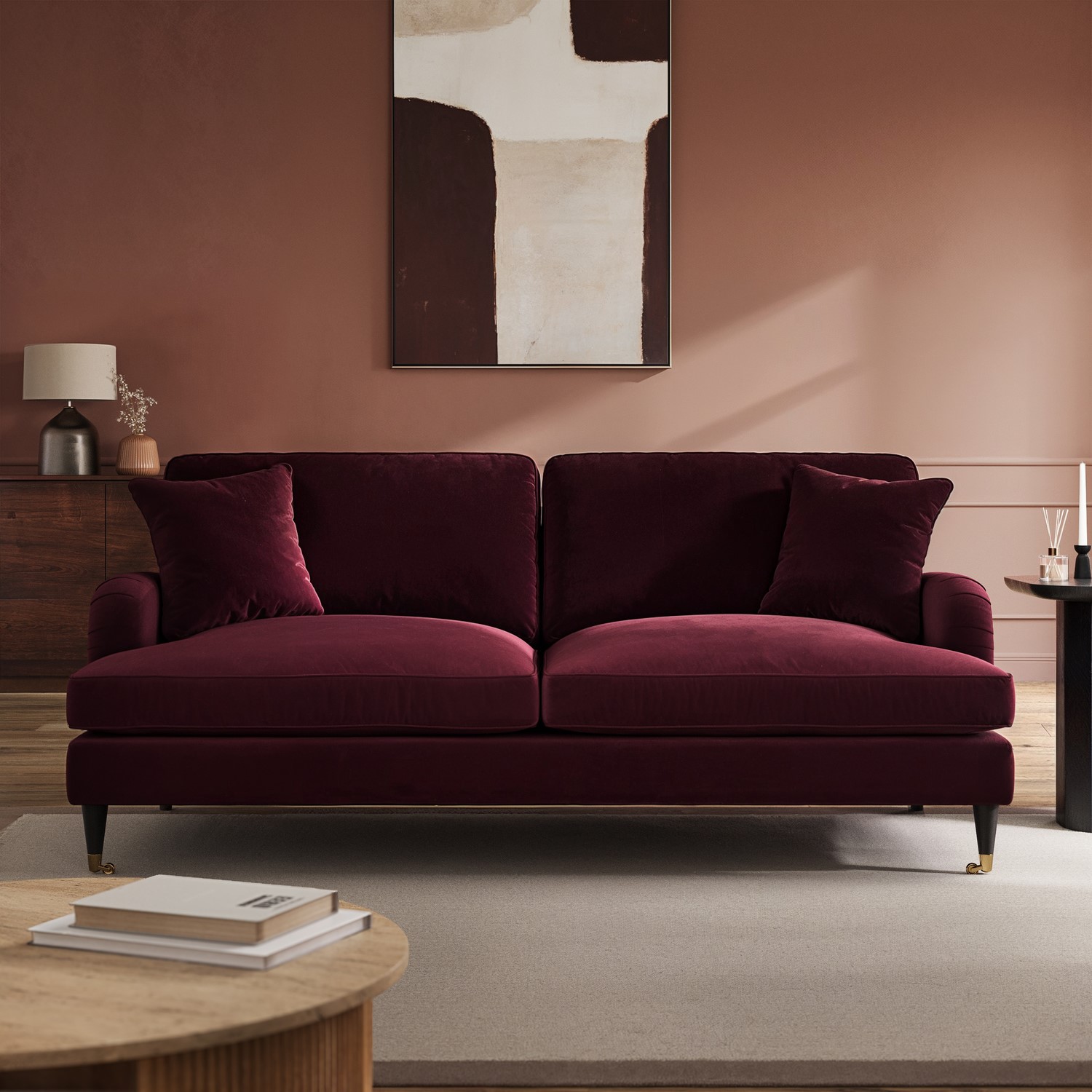 burgundy 3 seater sofa in living room