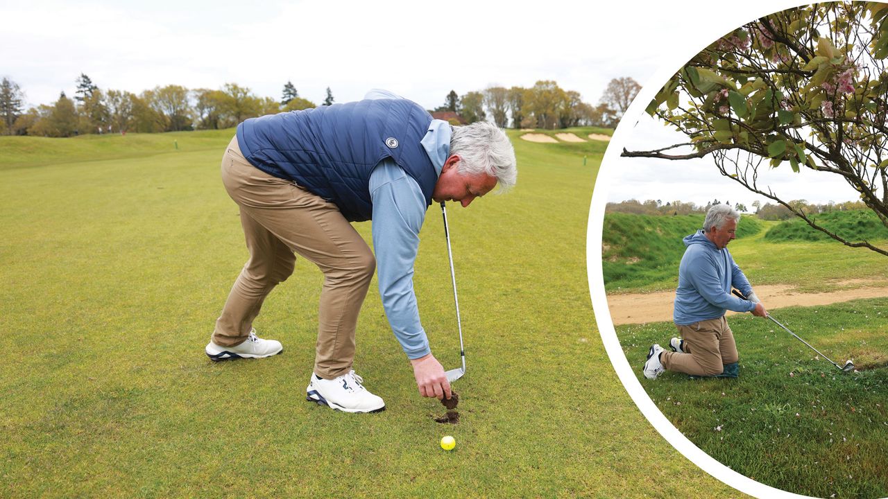 Jezz Ellwood replacing a divot and kneeling under a tree to hit a difficult shot