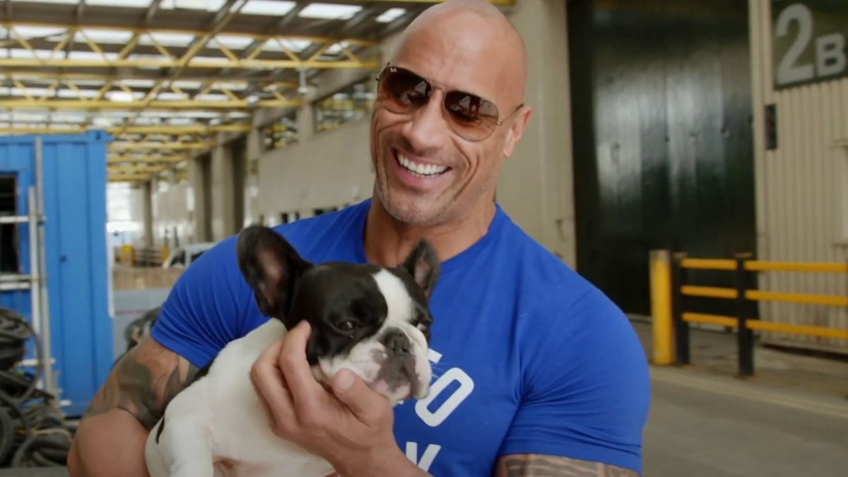 Dwayne Johnson holds Hobbs the dog while smiling in a featurette for Fast &amp; Furious presents: Hobbs and Shaw.