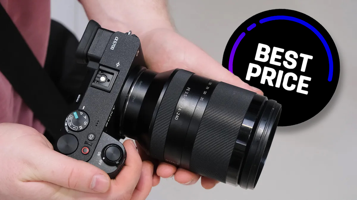 A person holds a Sony camera with a large lens, featuring a graphic overlay promoting a "Prime Deal"