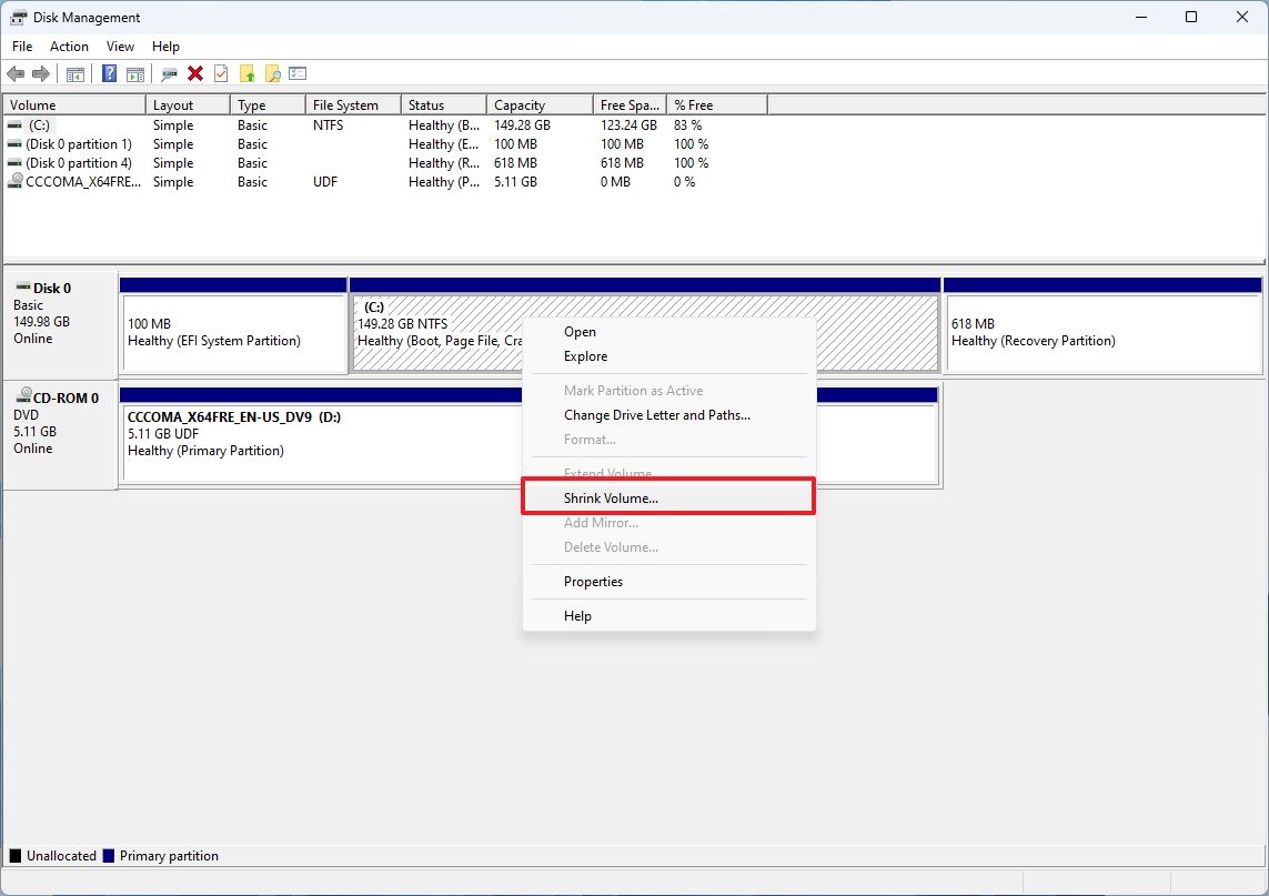 Disk Management shrink partition