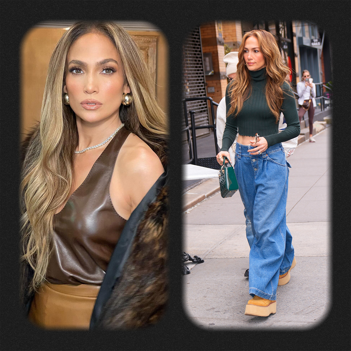 Jennifer Lopez in a leather top; Jennifer Lopez in jeans and cropped sweater