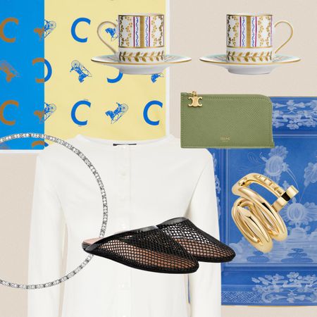 Photo collage featuring espresso cups, jewelry, scarves, wallets, shoes, and sunglasses