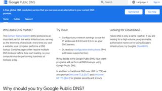 Captura de pantalla del sitio Google Public DNS