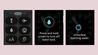 Screenshots of the water lock feature enabled on the Apple Watch