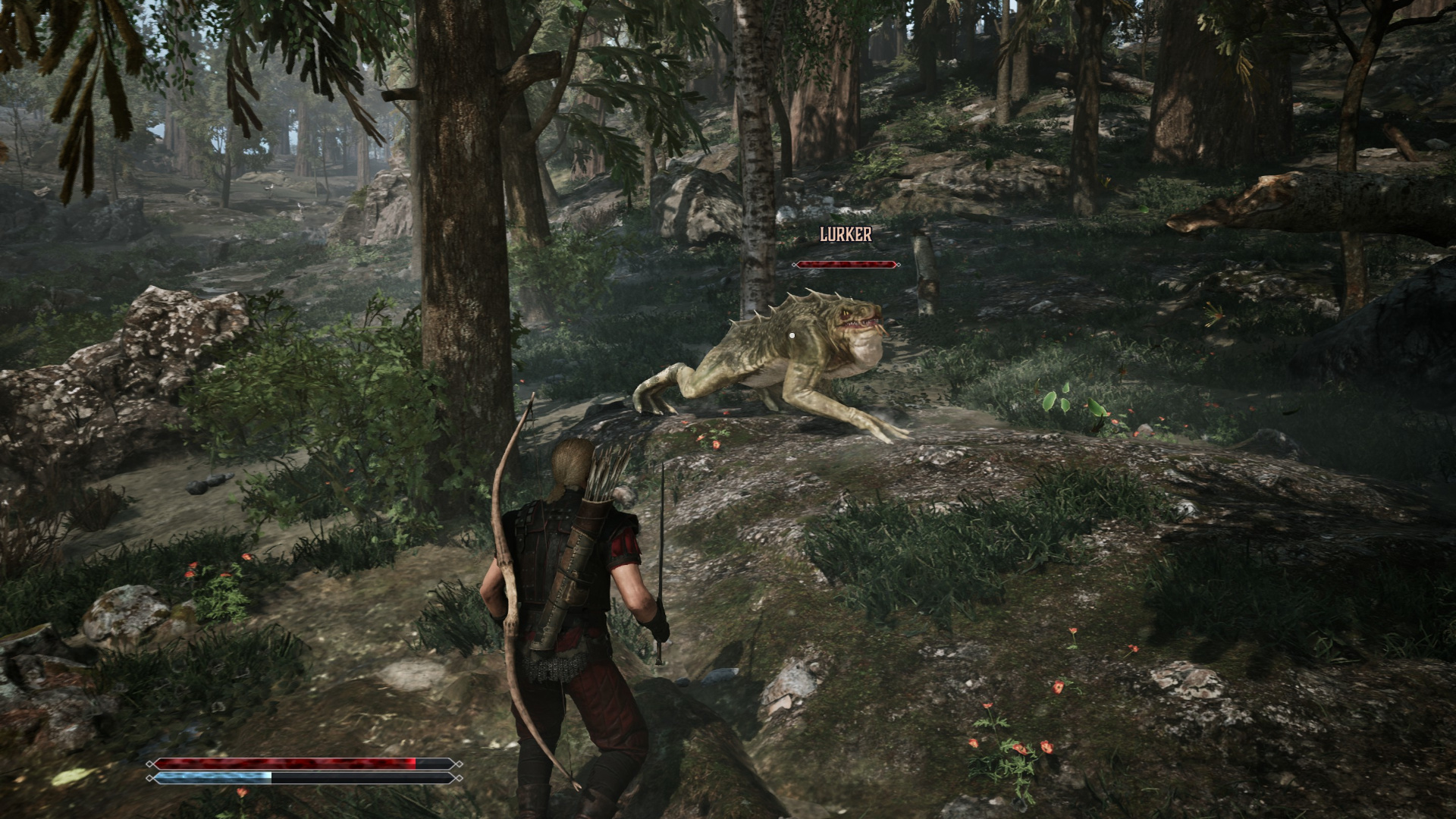 Fighting a Lurker in the woods in Gothic 1 Remake, a large cross between a lizard and a frog