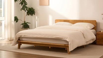 A Japanese joinery bed from FLEXISPOT with white bedding and a potted tree