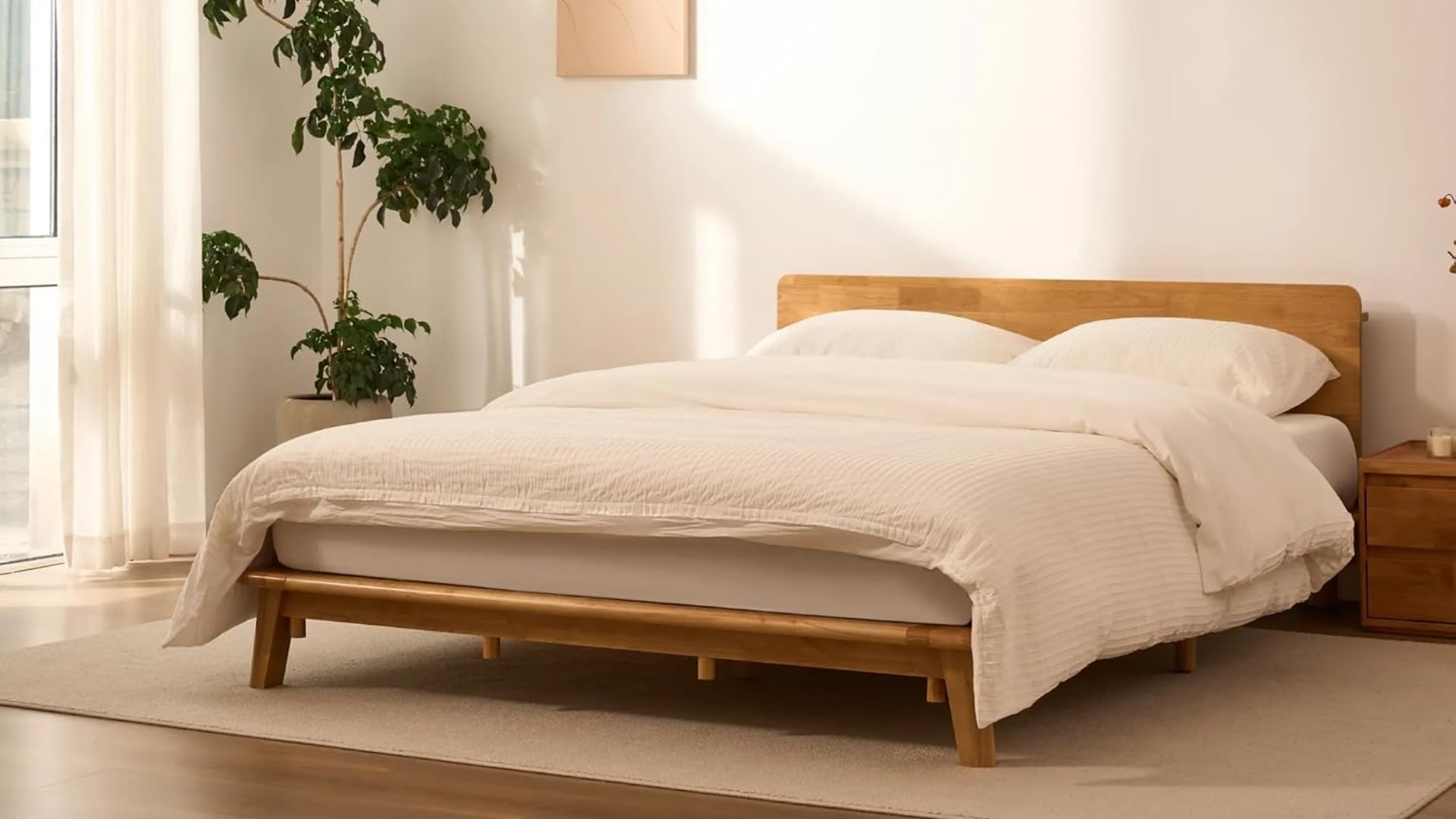 A Japanese joinery bed from FlexiSpot with white bedding and a potted tree