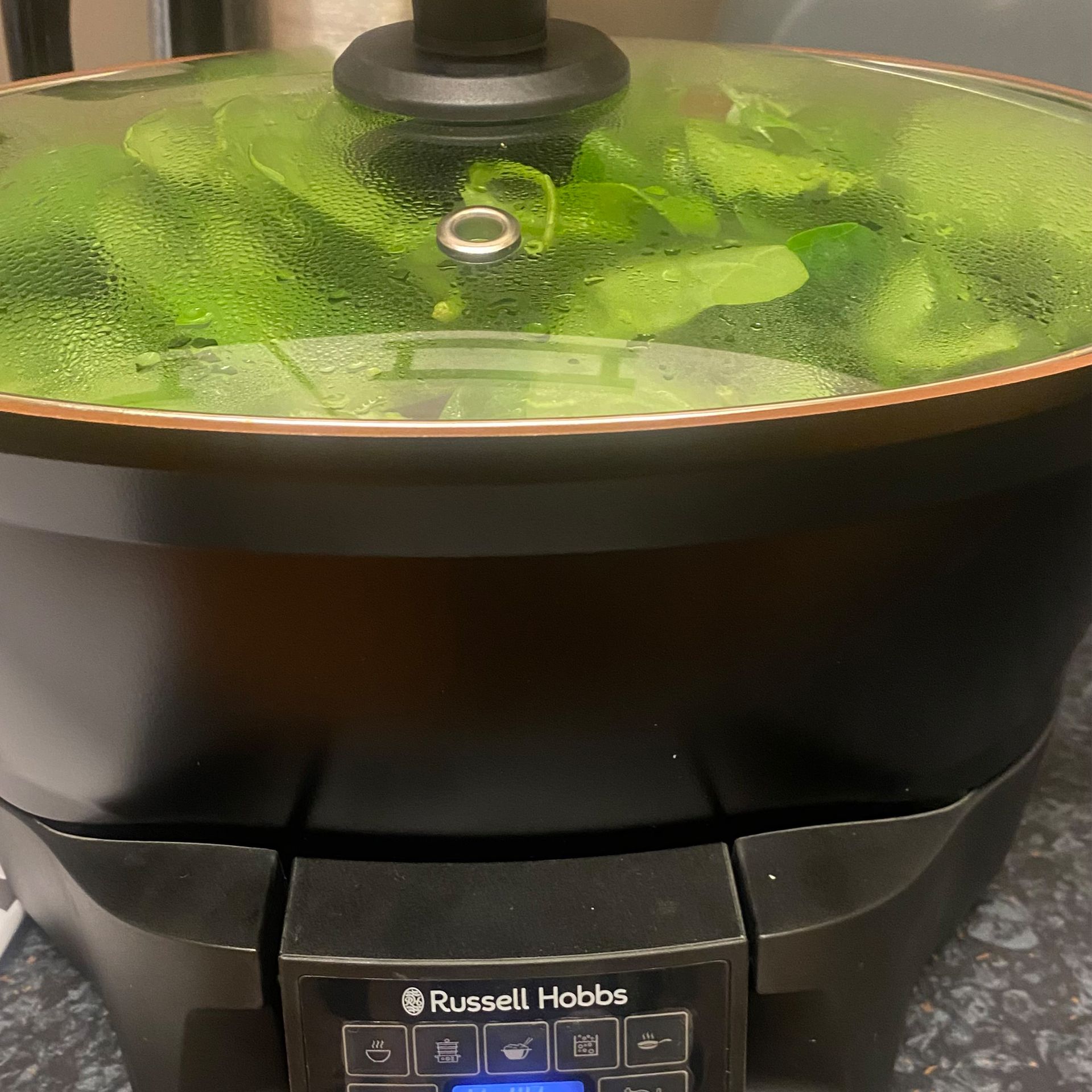 Image of a Russell Hobbs multicooker with spinach