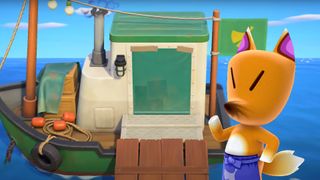 Animal Crossing: New Horizons Redd in front of the Treasure Trawler