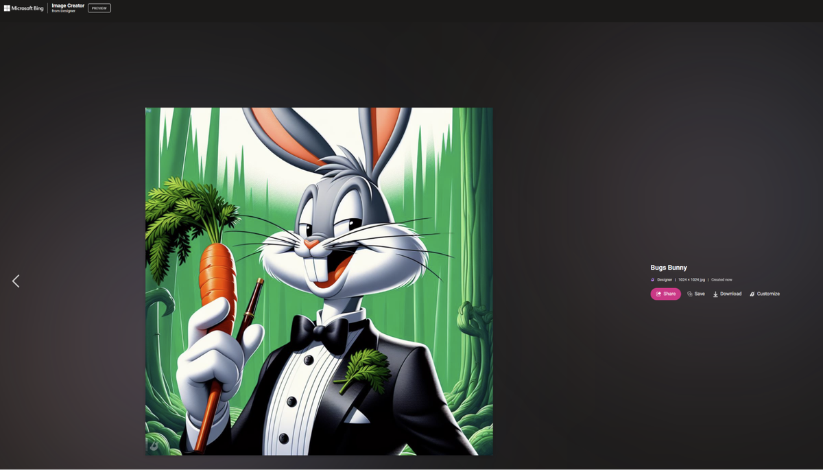 Bugs Bunny generated by Bing