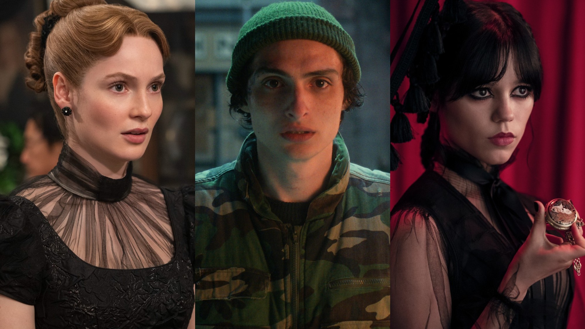 From left to right: Hannah Dodd as Francesca in Bridgerton, Finn Wolfhard as Mike in Stranger Things and Jenna Ortega as Wednesday in Wednesday.