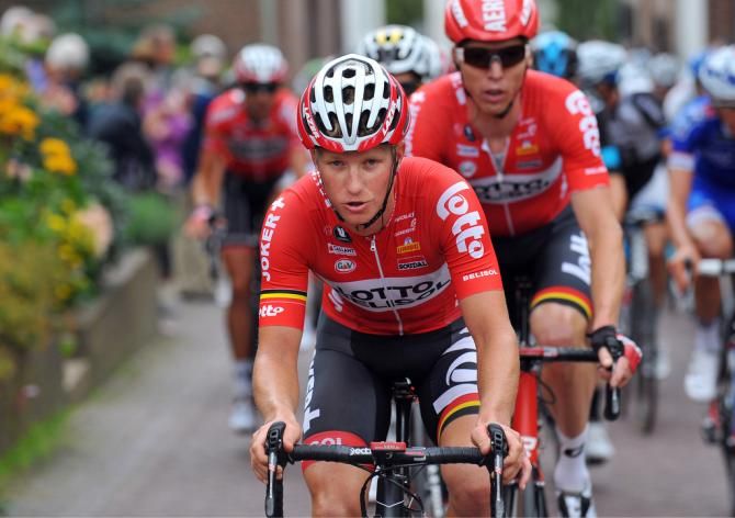 Gert Dockx on the front of the Lotto-Belisol train