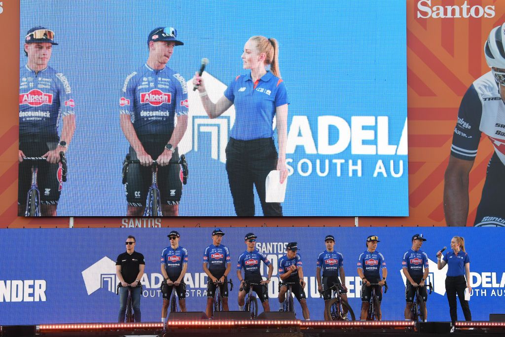 ADELAIDE AUSTRALIA JANUARY 13 A general view of Kaden Groves of Australia Jenson Plowright of Australia Robert Stannard of Australia Samuel Gaze of New Zealand Senne Leysen of Belgium Oscar Riesebeek of Netherlands Michael Gogl of Austria and Team AlpecinDeceuninck during the 23rd Santos Tour Down Under 2023 Team Presentation TourDownUnder on January 13 2023 in Adelaide Australia Photo by Tim de WaeleGetty Images