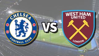 The Chelsea and West Ham United club badges on top of a photo of Stamford Bridge in London, England
