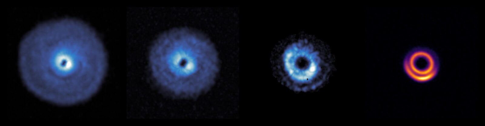 Four disks, three of which are blue and the final one is yellow and orange with purple hints.