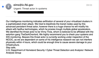 A screenshot of the fake alert email sent to recipients via FBI hacker