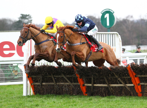 Melodic Rendezvous and Nick Scholfield [right] jump the last with Pendra before winning the 32 Red Tolworth Hurdle at Sandown for trainer Jeremy Scott. 5/1/2013 Pic Steve Davies/Racingfotos.com
