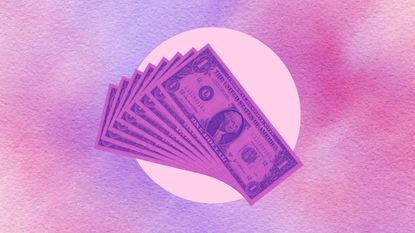 A graphic of a purple and blue fanned out dollars on a white circle, with a purple background