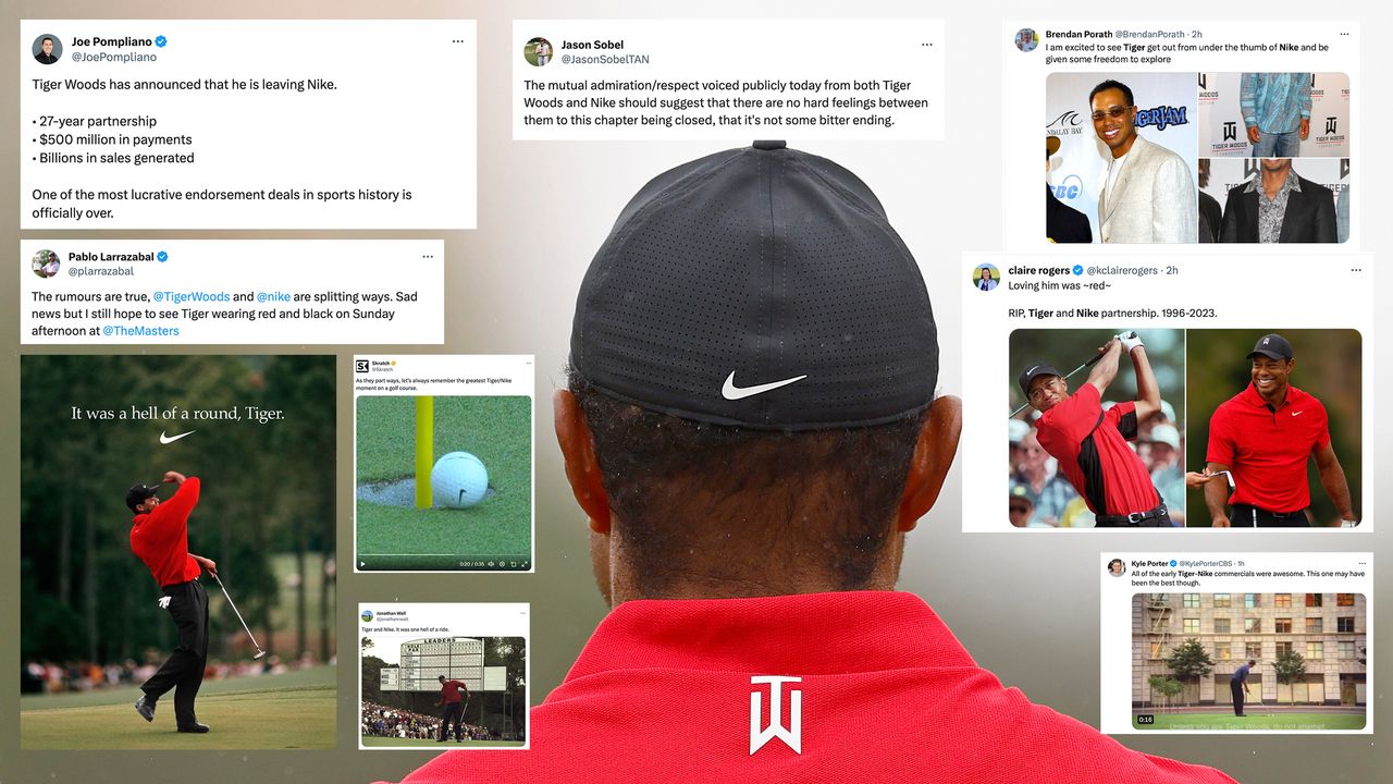 Image featuring the back of Tiger Woods and comments on X about his split with Nike